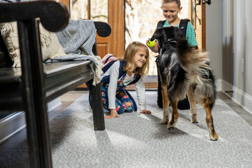 Kids plying with dog on carpet flooring | Webb Carpet Company