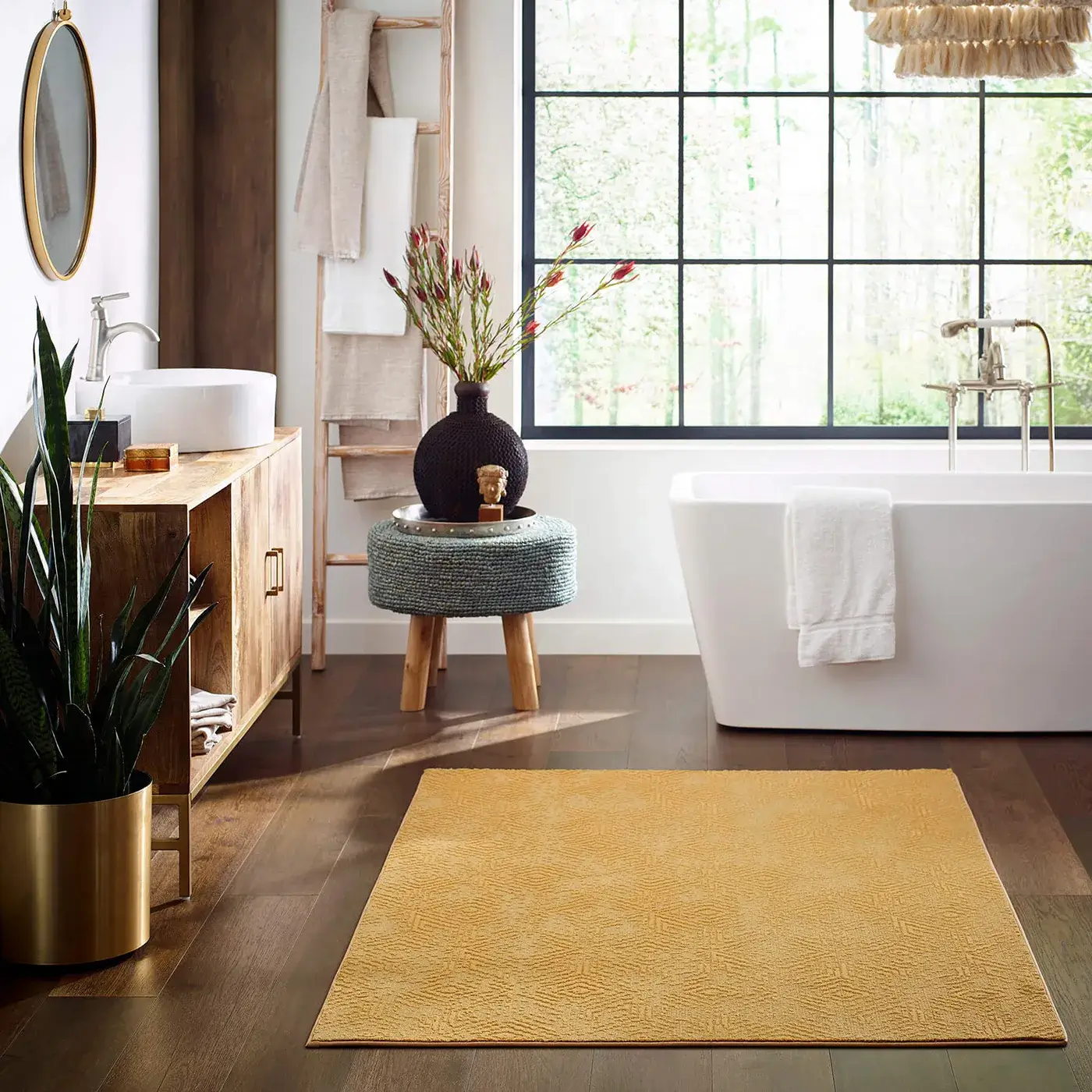 Boho-Chic-Bathroom-Vintage-Revival-CC77B-00250-Exquisite-FH820-7054-Cascade-BATHROOM-H A vibrant yellow Shaw Floors area rug | Webb Carpet Company